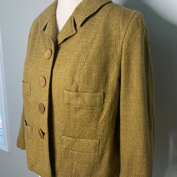 Vintage retro womens blazer wool tweed olive 3/4 sleeve button pockets - Picture 2 of 5